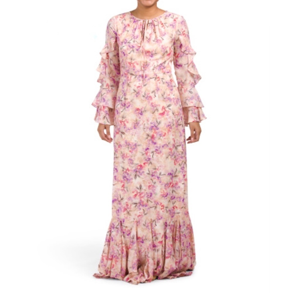 Mikael Aghal flutter sleeve pink floral gown